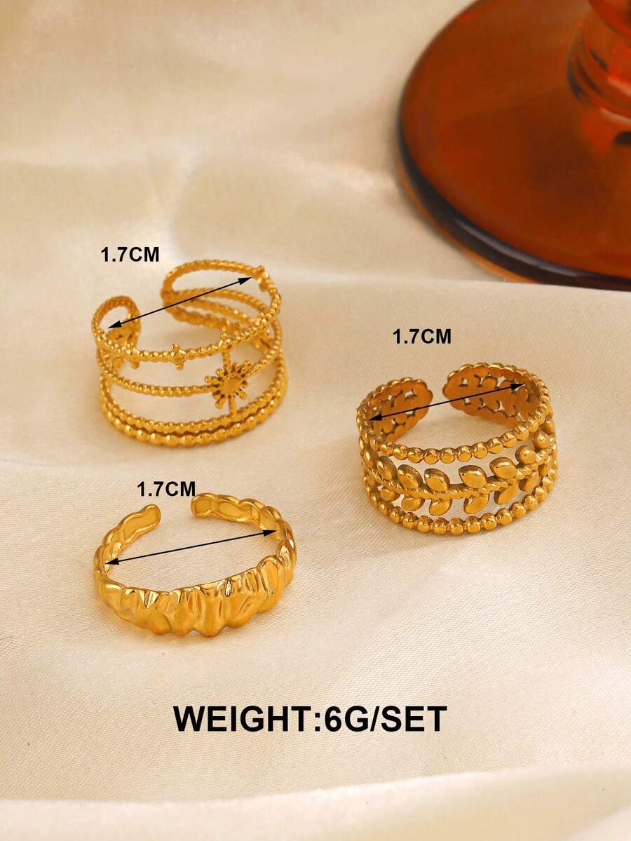 SHEIN 18K طقم 3 خواتم مفتوحة بشكل ورقة مطلية ذهب