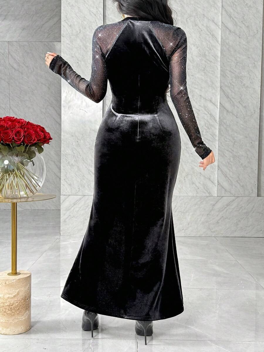 SHEIN فستان أسود بترتر وكم طويل شبك