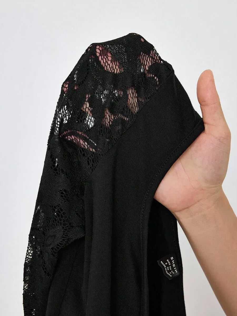 SHEIN Lady طقم نسائي قطعتين بلوزة بياقة ودانتيل وبنطال واسع بلون الأسود
