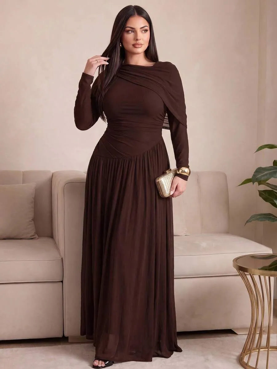 SHEIN Auveirra فستان نسائي من الشبك بتصميم غير متماثل بلون بني قهوة