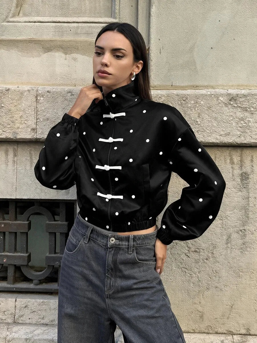 SHEIN Aloruh جاكيت نسائي فضفاض بطابع صيني وطباعة نقاط