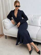 SHEIN Siren Gaze فستان ماكسي بياقة وأكمام طويلة وأزرار أمامية وتفاصيل دانتيل بلون مشمشي