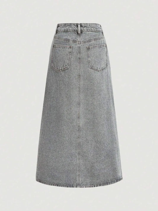 SHEIN MOD تنورة جينز نسائية غير متماثلة بجيوب وأزرار أمامية بلون أزرق متوسط