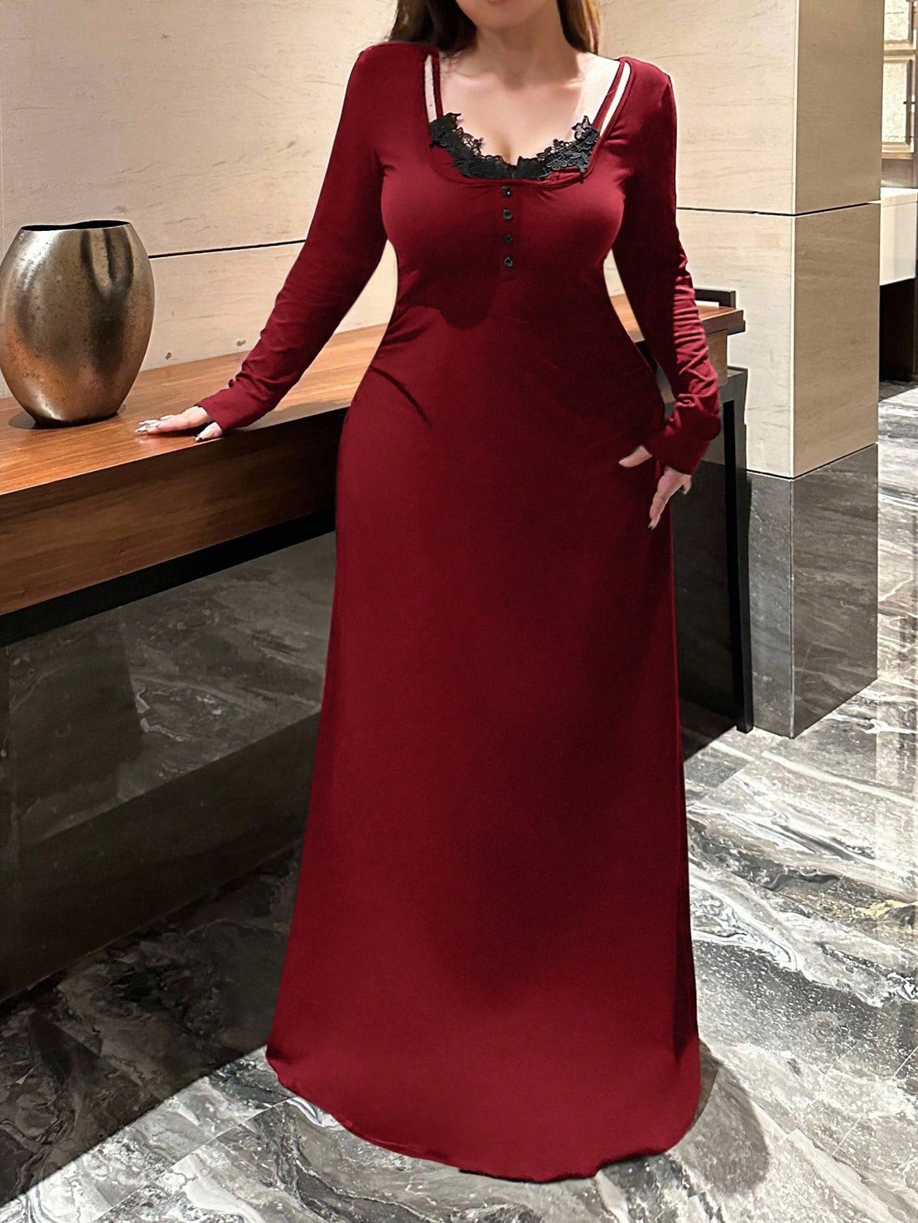 SHEIN Vibekara فستان A لاين بأكمام طويلة وياقة V مقاسات كبيرة