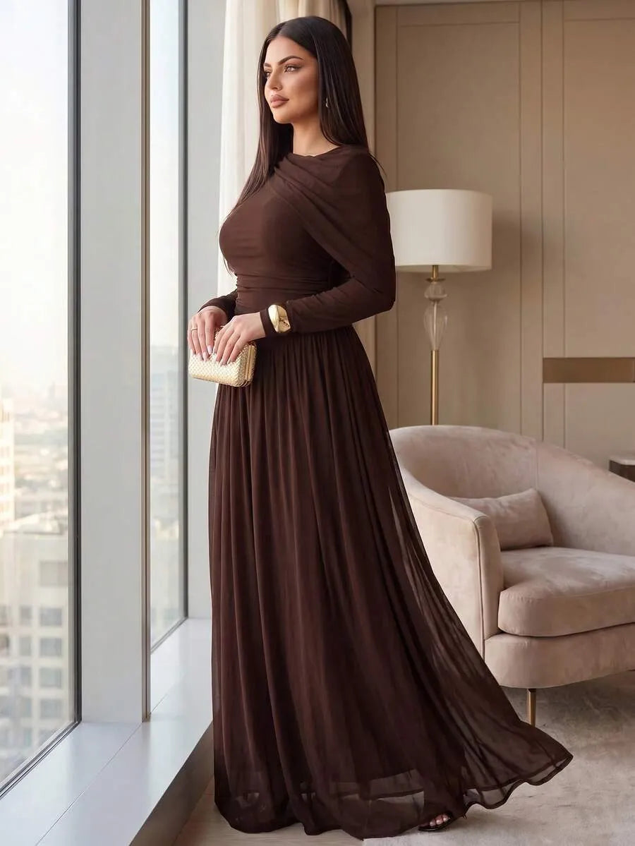 SHEIN Auveirra فستان نسائي من الشبك بتصميم غير متماثل بلون بني قهوة
