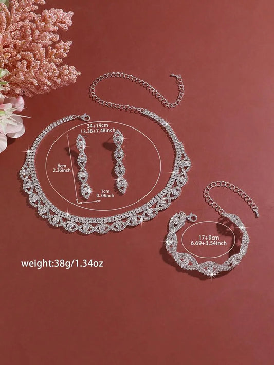 SHEIN مجموعة مجوهرات فاخرة من 3 قطع مرصعة بالراين ستون بتصميم متشابك وملتوي