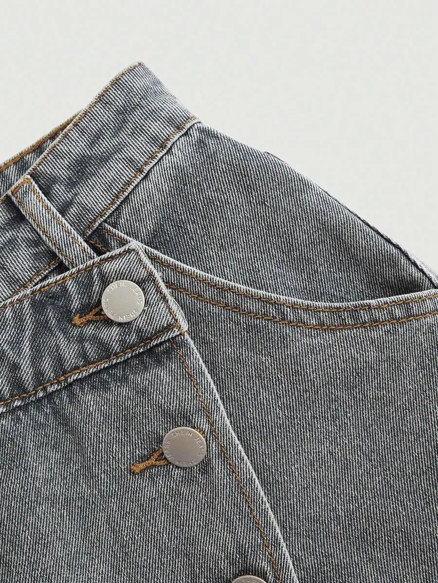 SHEIN MOD تنورة جينز نسائية غير متماثلة بجيوب وأزرار أمامية بلون أزرق متوسط