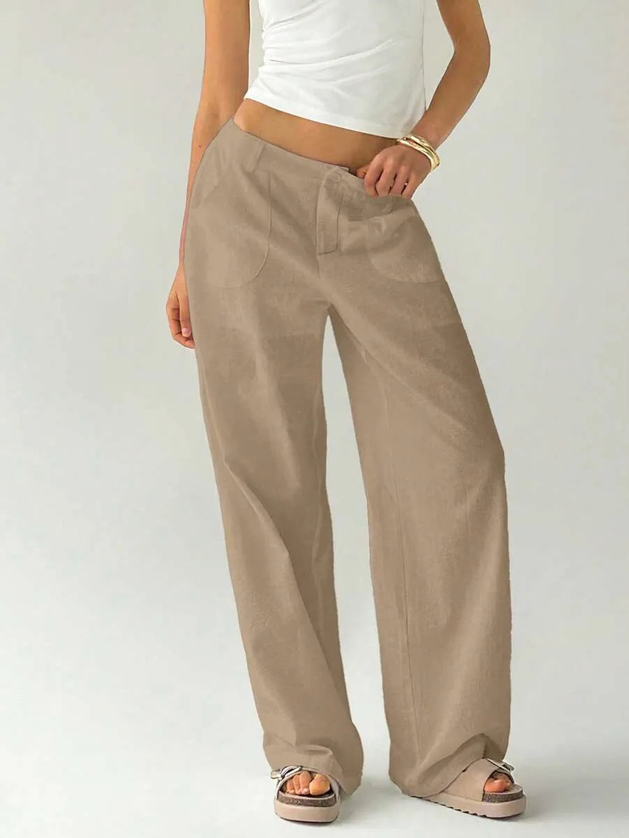 SHEIN Easelle بنطلون نسائي واسع بخصر منخفض جداً وساق مستقيمة وجيوب بلون بني فاتح