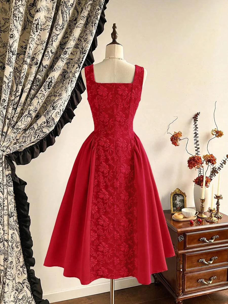 SHEIN Vintamour فستان بلون الأحمر منتصف الطول بدون أكمام بخصر عالي