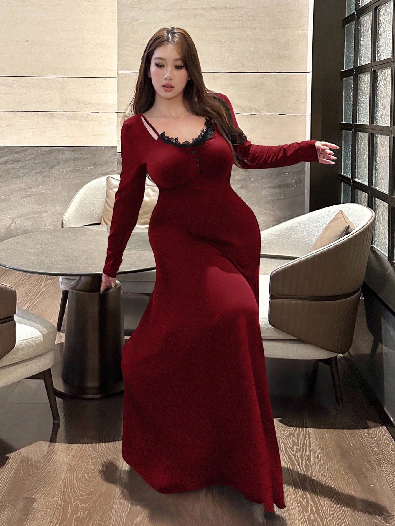 SHEIN Vibekara فستان A لاين بأكمام طويلة وياقة V مقاسات كبيرة