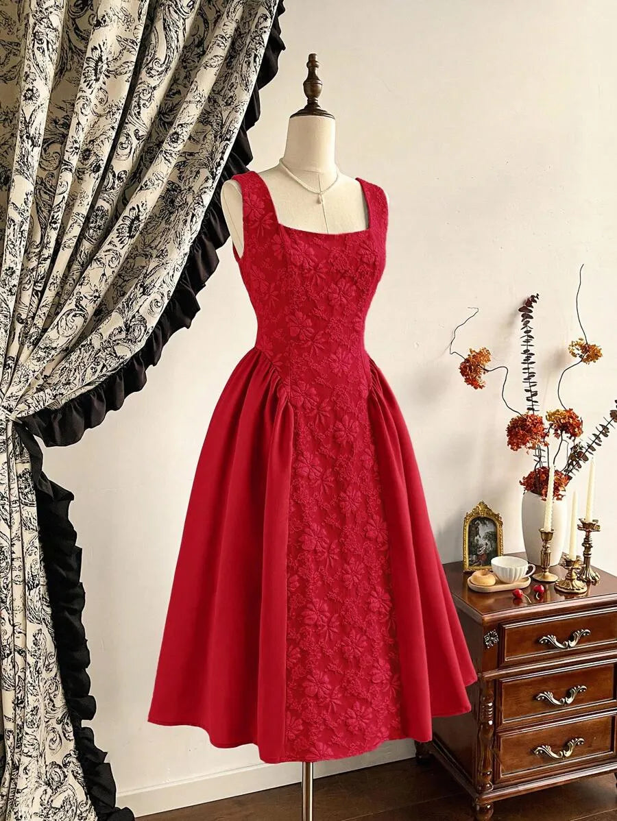 SHEIN Vintamour فستان بلون الأحمر منتصف الطول بدون أكمام بخصر عالي