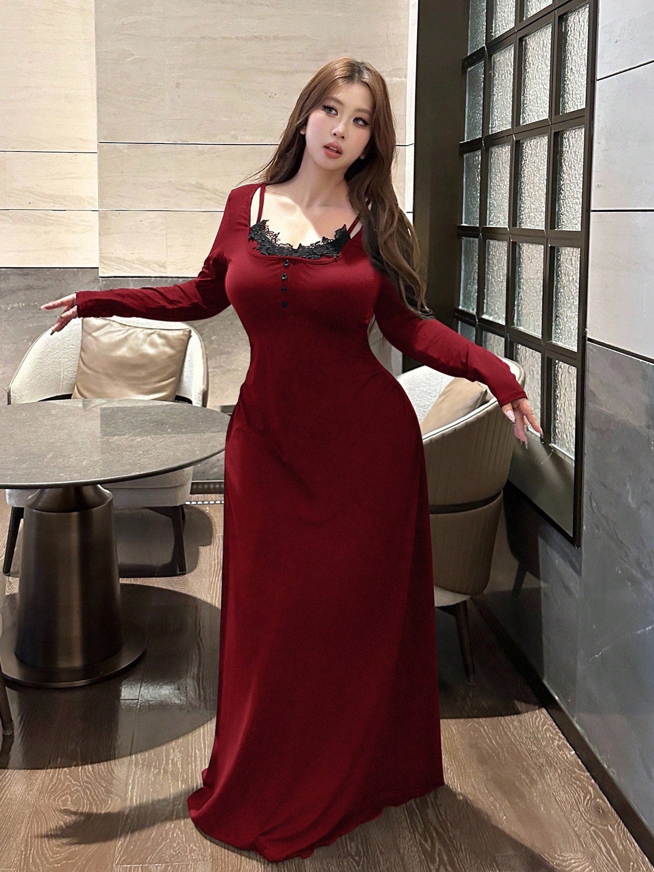 SHEIN Vibekara فستان A لاين بأكمام طويلة وياقة V مقاسات كبيرة
