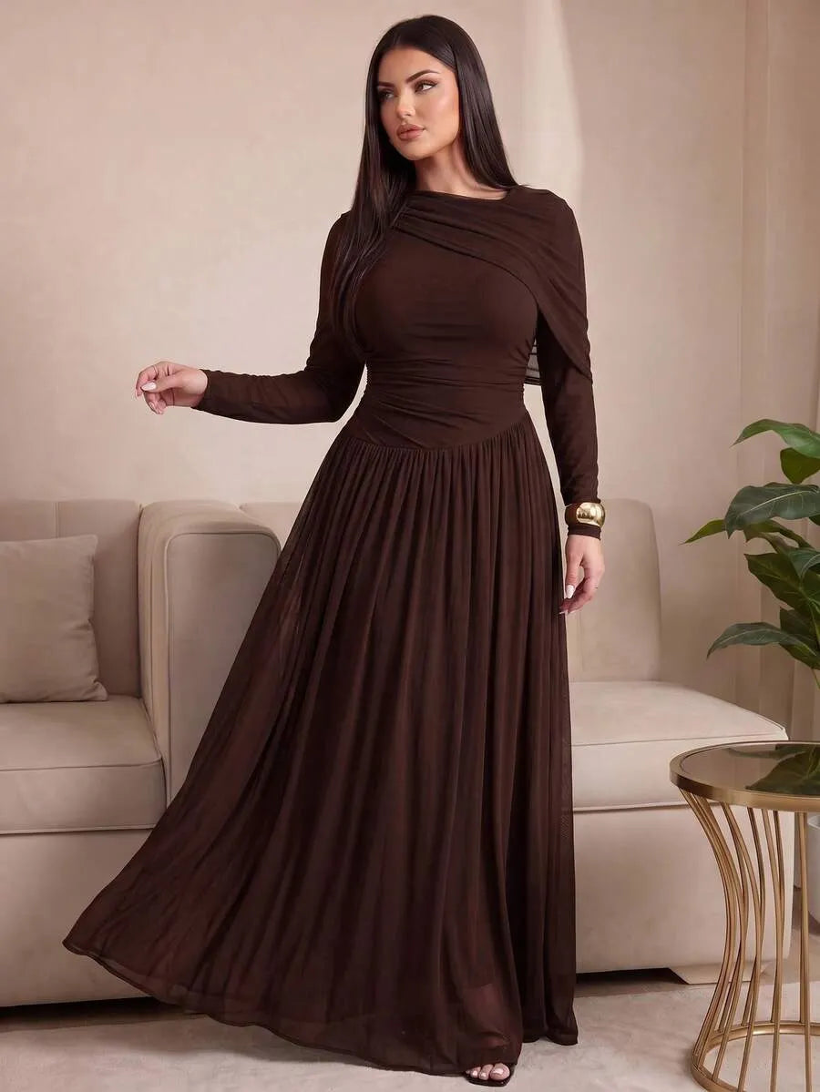 SHEIN Auveirra فستان نسائي من الشبك بتصميم غير متماثل بلون بني قهوة