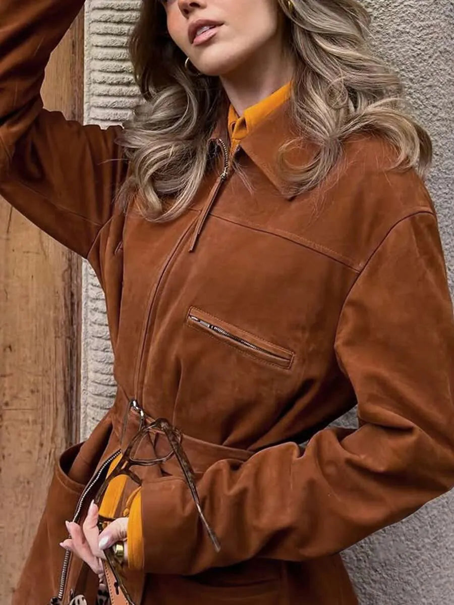 SHEIN جاكيت شمواه صناعي بياقة طية وسحاب أمامي بلون بني