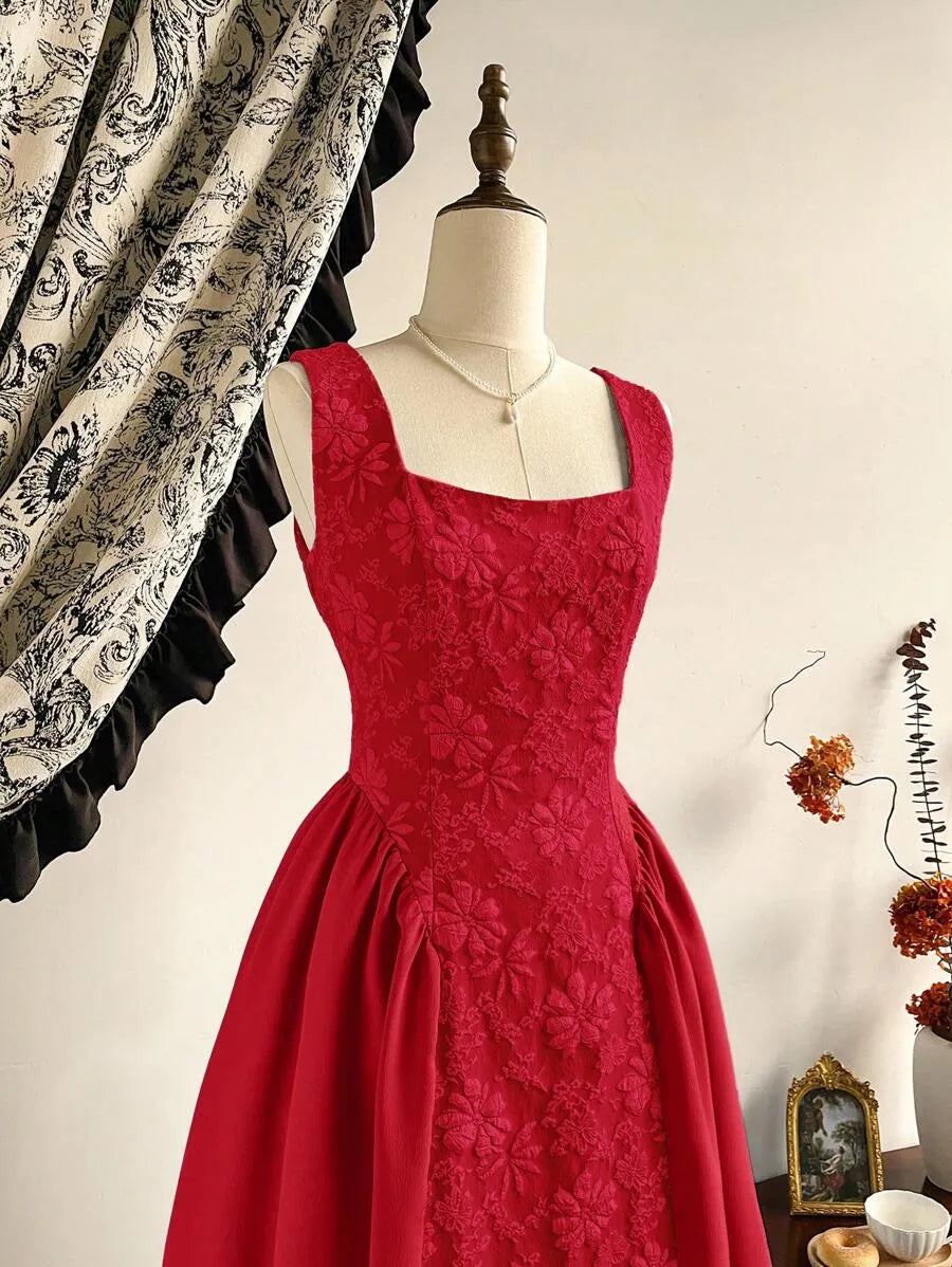 SHEIN Vintamour فستان بلون الأحمر منتصف الطول بدون أكمام بخصر عالي