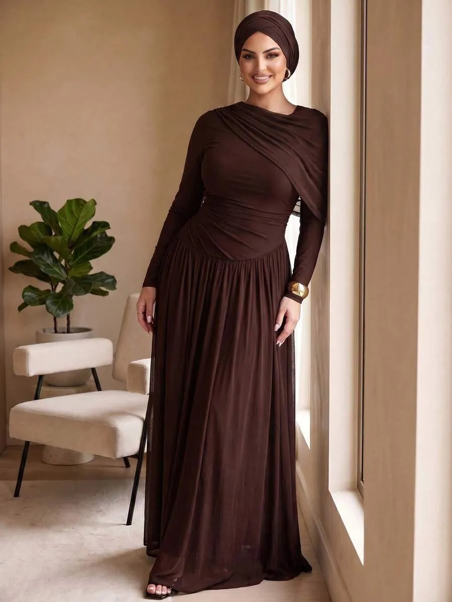 SHEIN Auveirra فستان نسائي من الشبك بتصميم غير متماثل بلون بني قهوة