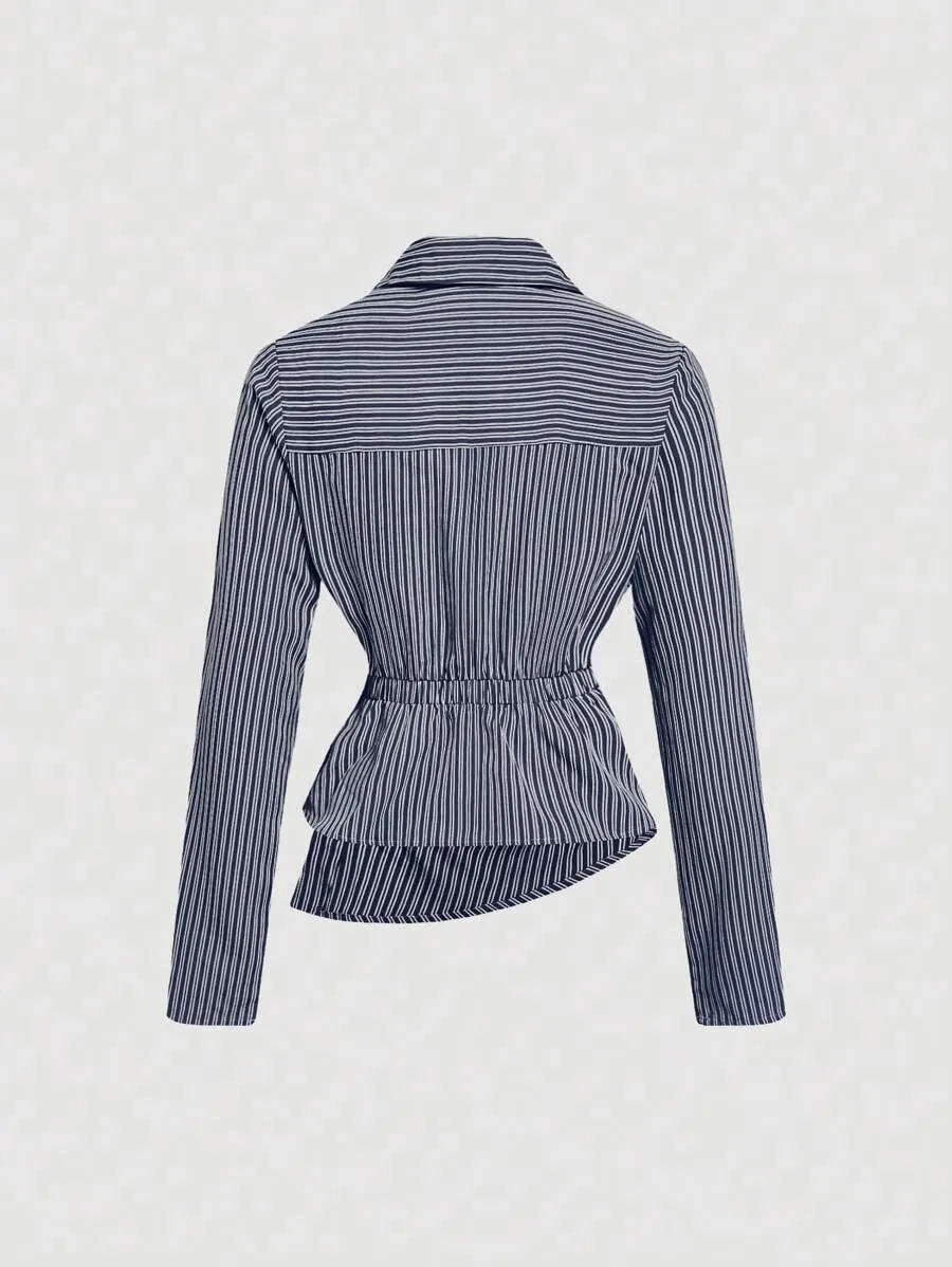 SHEIN MOD قميص نسائي مخطط بياقة وأكمام طويلة بلون أزرق بحري وأبيض