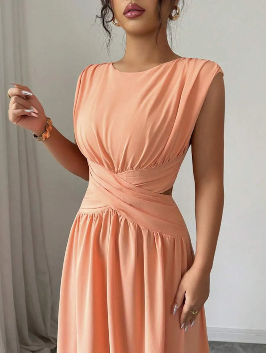 SHEIN Elenzga فستان برتقالي طويل بنمط لف وطيات خصر بدون أكمام