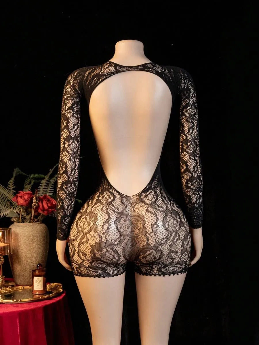SHEIN ChaseTheNight رومبير دانتيل طويل الأكمام بحمالات قابلة للتعديل بلون أسود