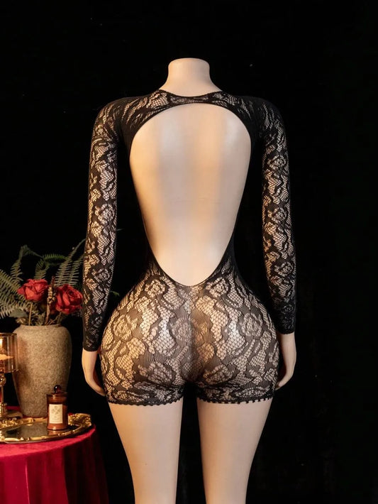 SHEIN ChaseTheNight رومبير دانتيل طويل الأكمام بحمالات قابلة للتعديل بلون أسود