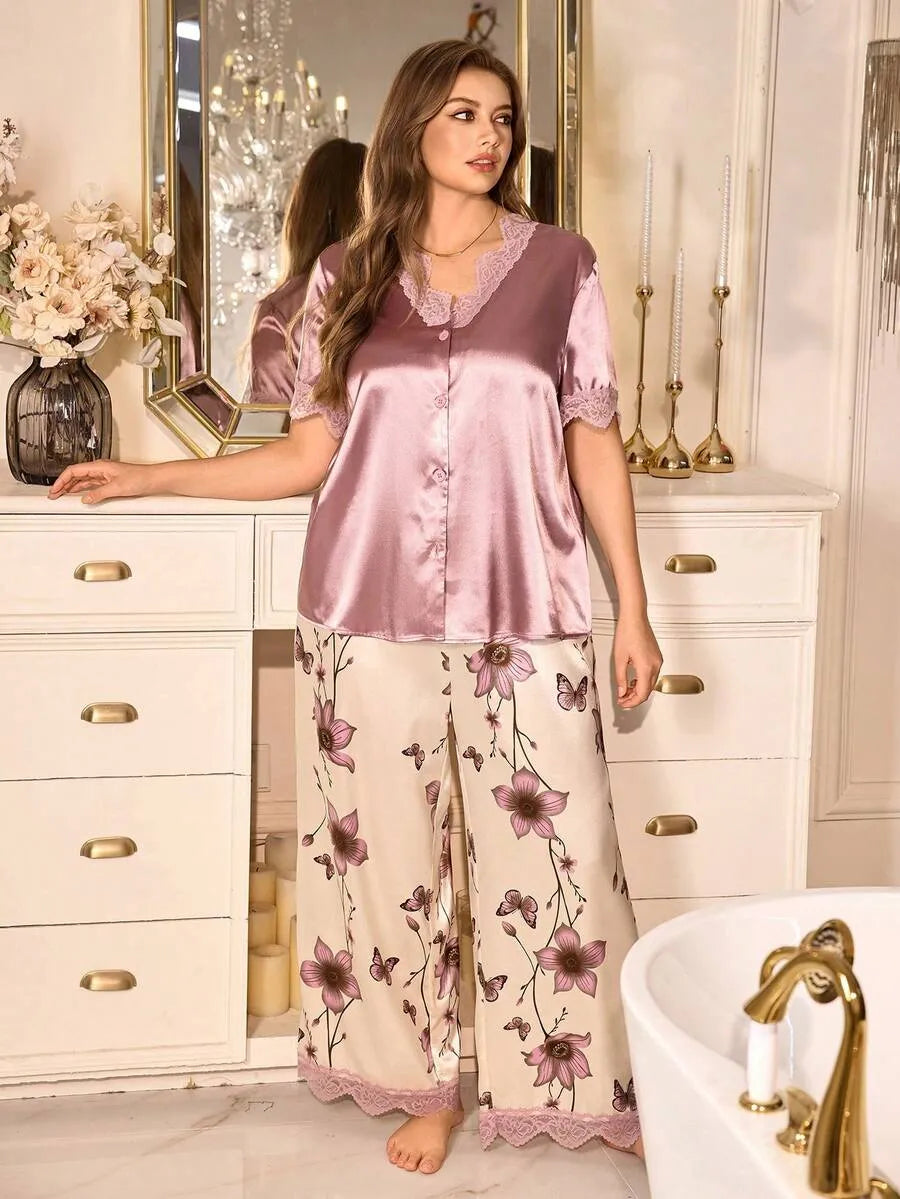 SHEIN طقم بيجامة نسائي بلون أرجواني ساتان مزين بالزهور والدانتيل