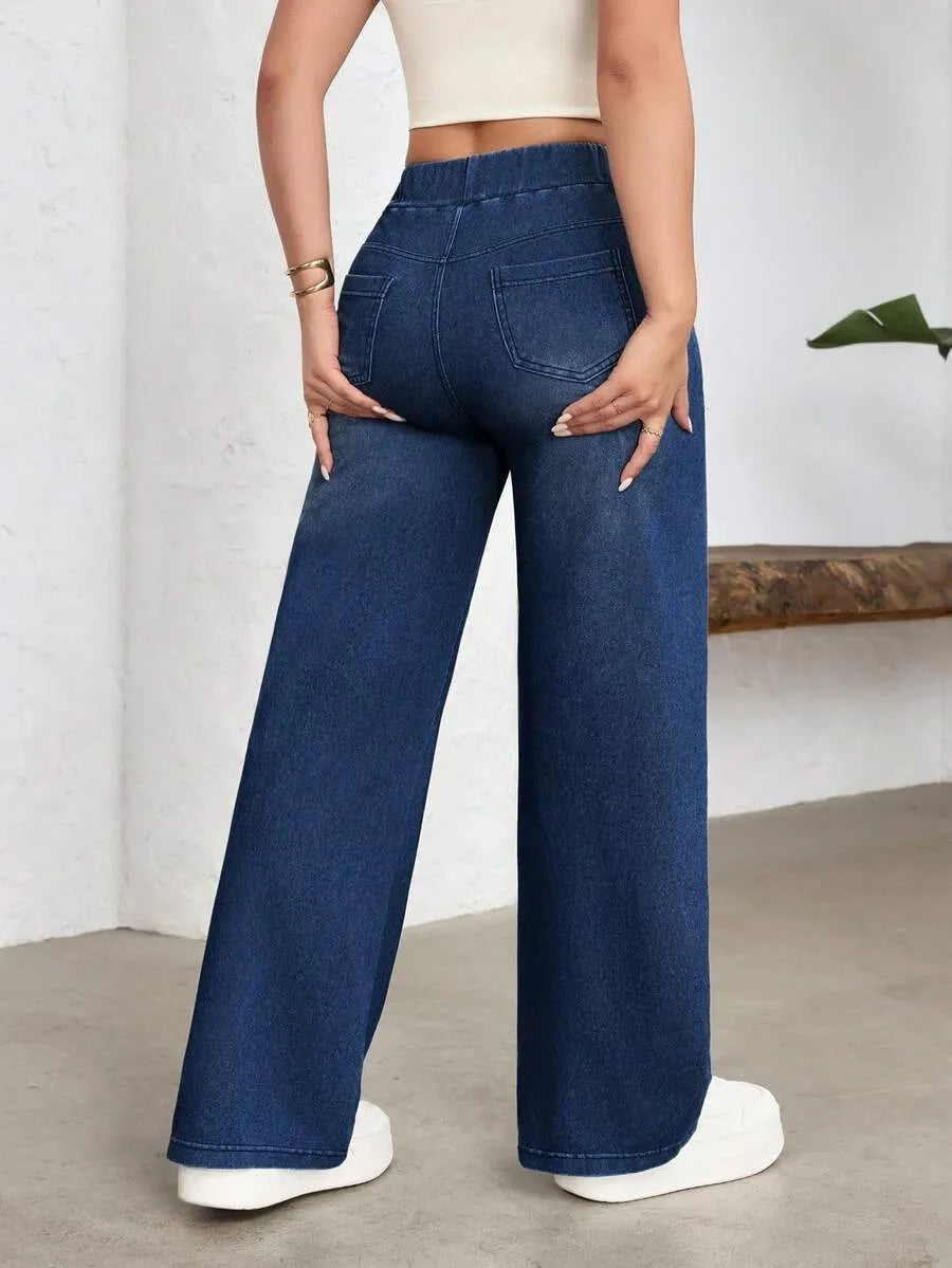 SHEIN Flexra بنطلون جينز رياضي واسع الساق بخصر عالٍ بلون أزرق ضبابي