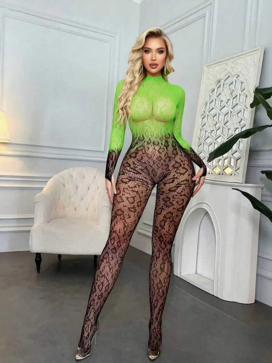 SHEIN جمبسوت لانجري نسائي شبكي مفرغ وشفاف برقبة عالية وظهر مفتوح متعدد الألوان
