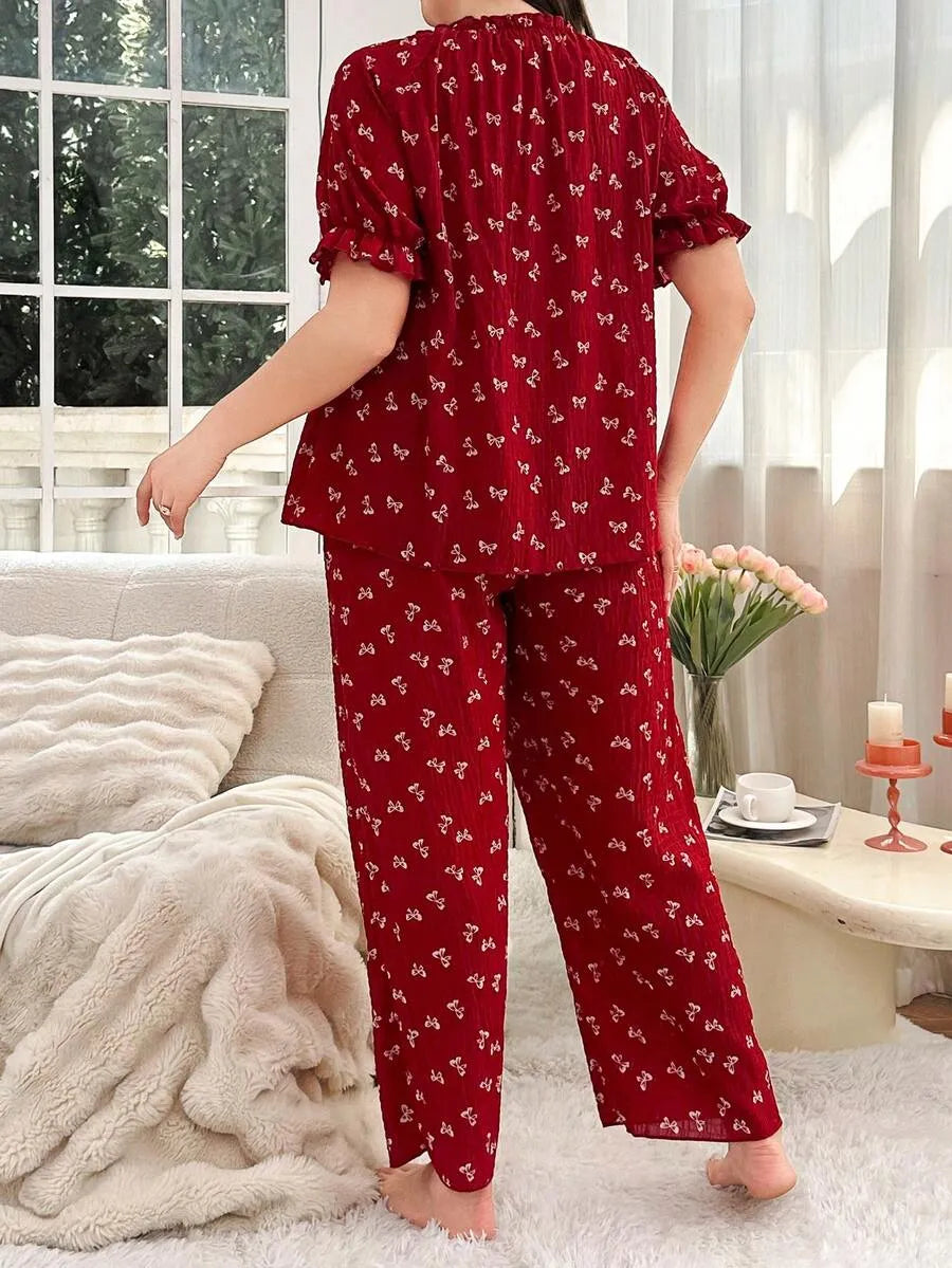 SHEIN CottageSlumber طقم بيجامة نسائي بلون أحمر بنقشة فيونكة وأكمام منتفخة