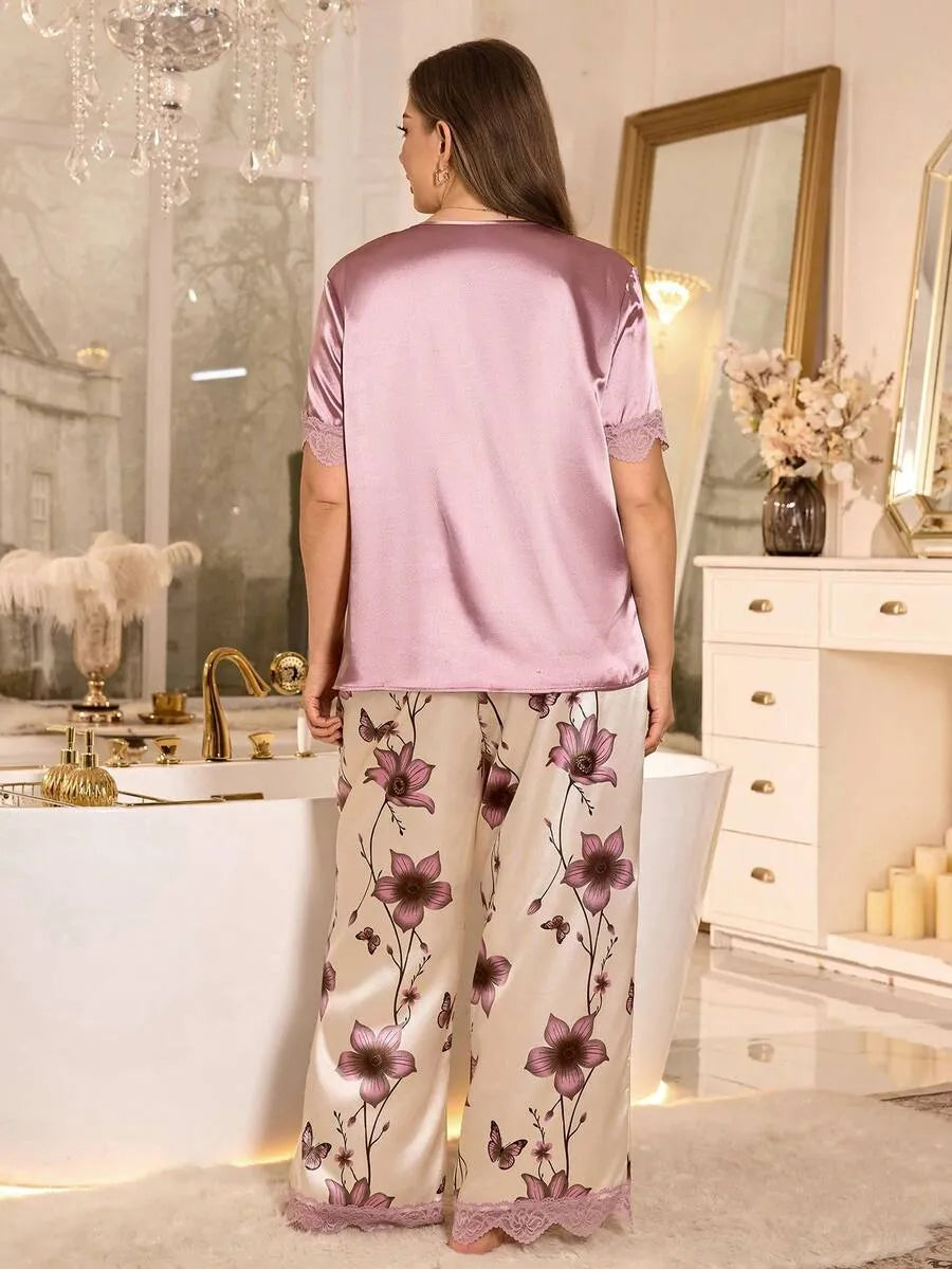 SHEIN طقم بيجامة نسائي بلون أرجواني ساتان مزين بالزهور والدانتيل