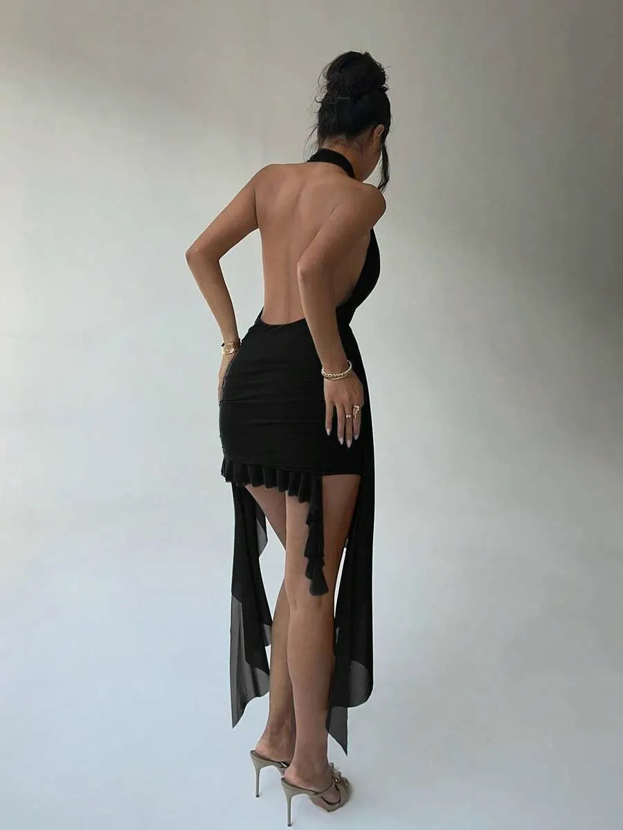 SHEIN Aloruh فستان ميني بلون أسود شبكي بظهر مكشوف وياقة رسن وقصة ضيقة