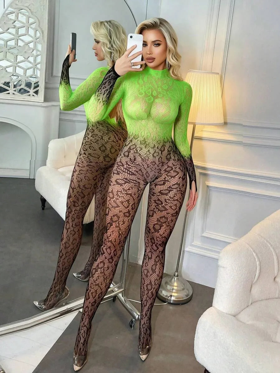 SHEIN جمبسوت لانجري نسائي شبكي مفرغ وشفاف برقبة عالية وظهر مفتوح متعدد الألوان