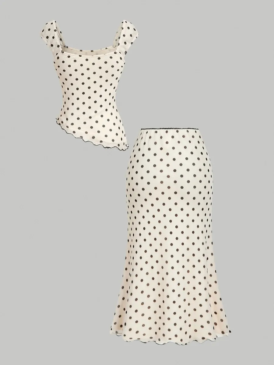 SHEIN X YERIMUA SHEIN MOD طقم قطعتين توب وتنورة حورية البحر بنقشة بولكا دوت وفيونكة متعدد الألوان