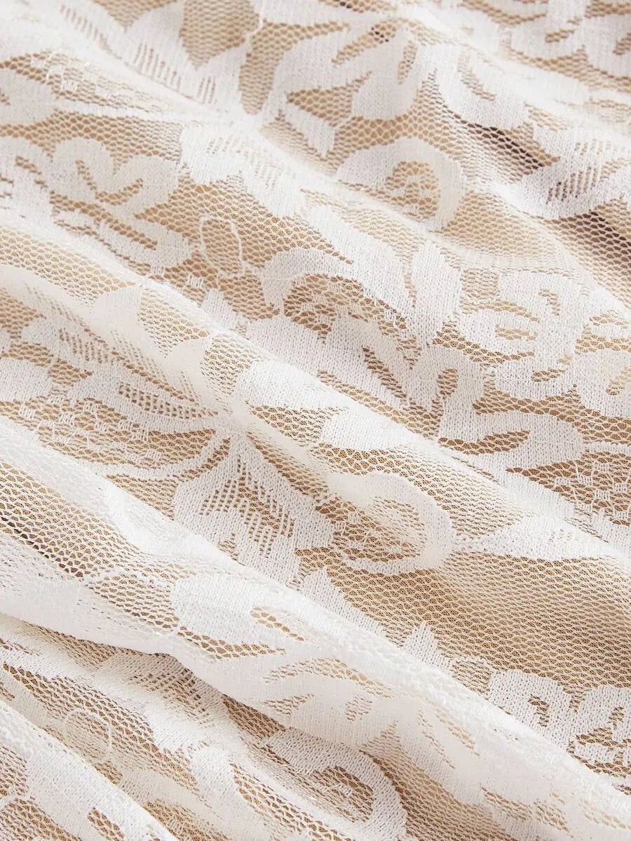 SHEIN MOD فستان نسائي ميدي من الدانتيل بحمالات رفيعة وذيل مكشكش بلون أبيض