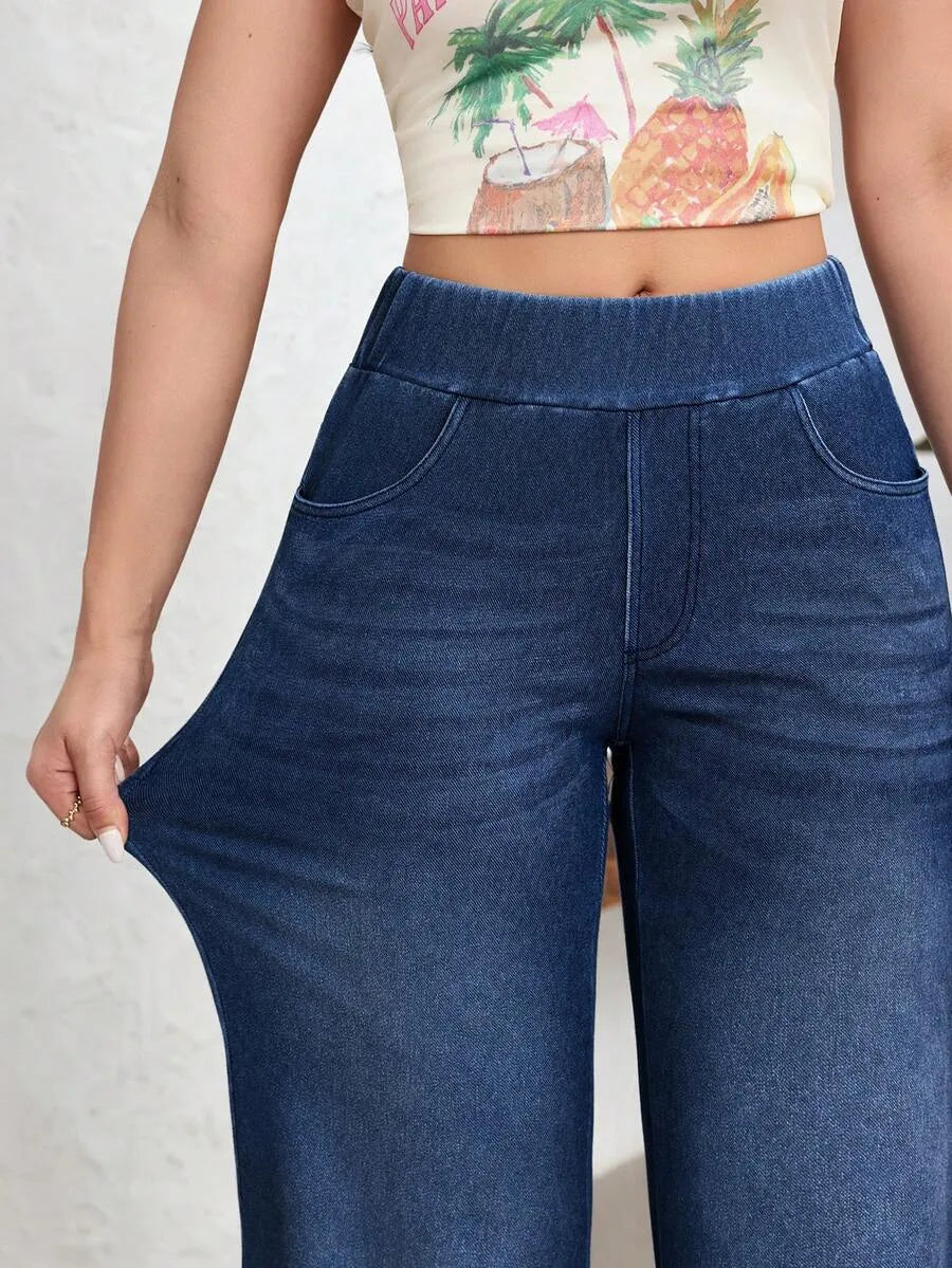 SHEIN Flexra بنطلون جينز رياضي واسع الساق بخصر عالٍ بلون أزرق ضبابي