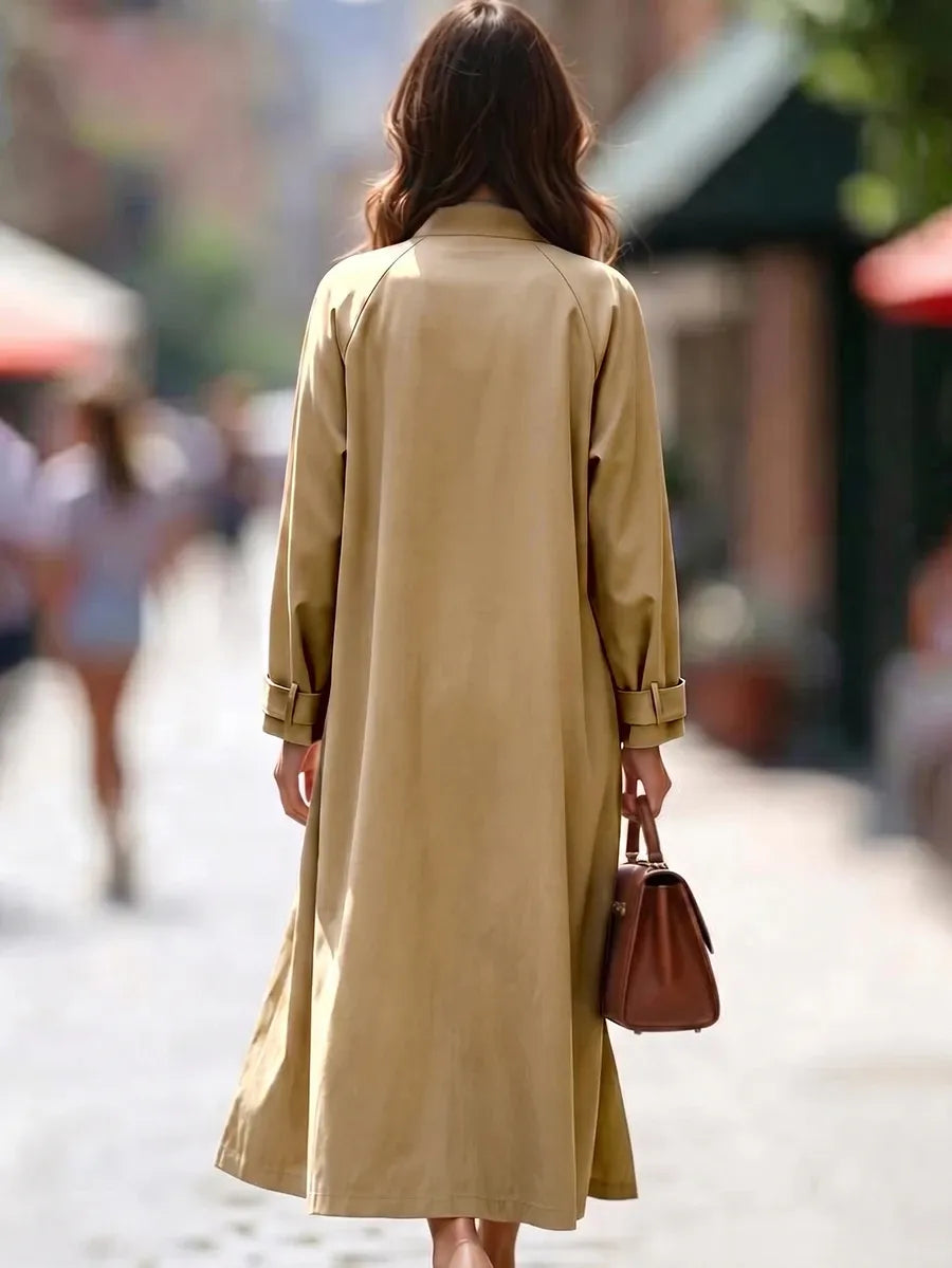 SHEIN معطف ميدي فضفاض بياقة قائمة وأزرار ضفدع وحزام بلون كاكي