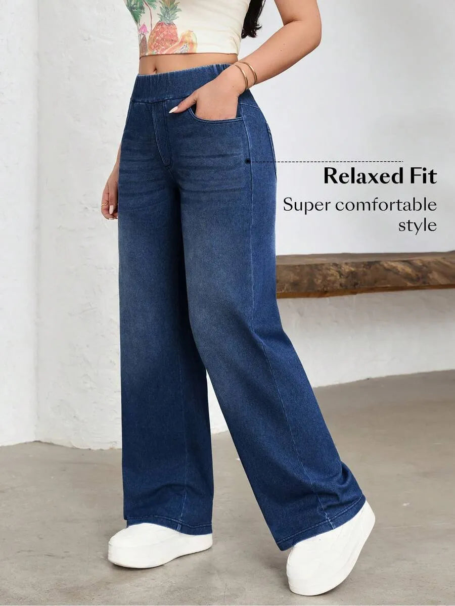 SHEIN Flexra بنطلون جينز رياضي واسع الساق بخصر عالٍ بلون أزرق ضبابي