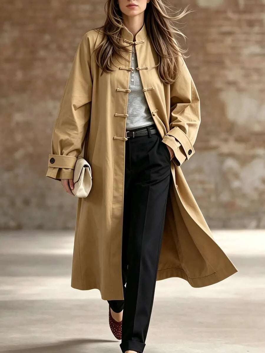 SHEIN معطف ميدي فضفاض بياقة قائمة وأزرار ضفدع وحزام بلون كاكي