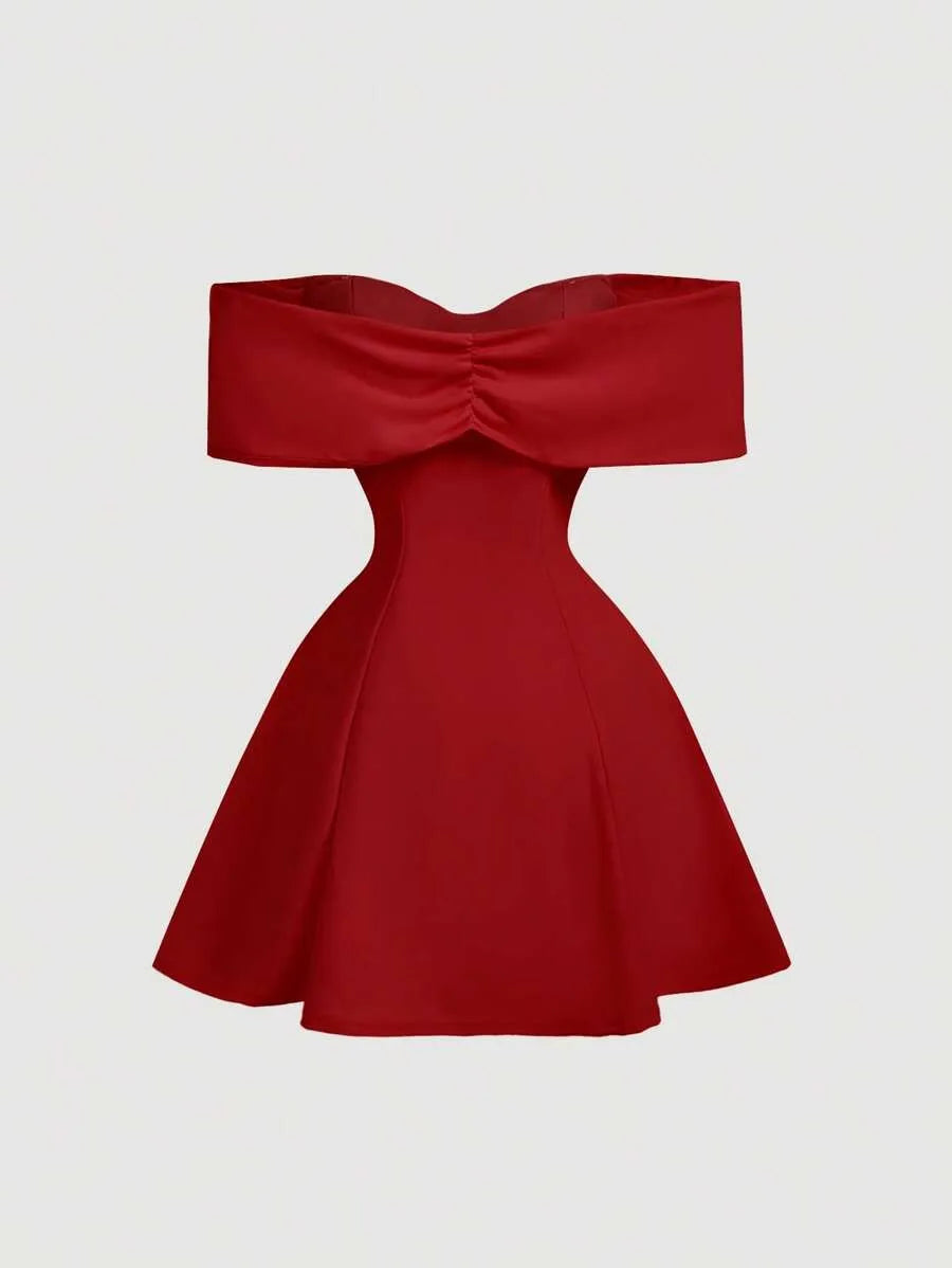 SHEIN MOD فستان نسائي بكتف مكشوف وظهر برباط فيونكة بلون أحمر