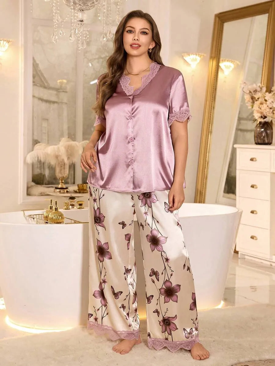 SHEIN طقم بيجامة نسائي بلون أرجواني ساتان مزين بالزهور والدانتيل