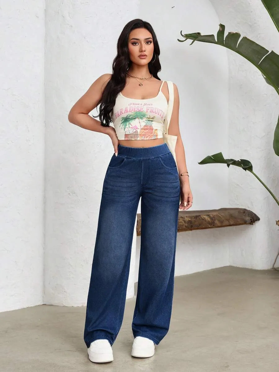 SHEIN Flexra بنطلون جينز رياضي واسع الساق بخصر عالٍ بلون أزرق ضبابي