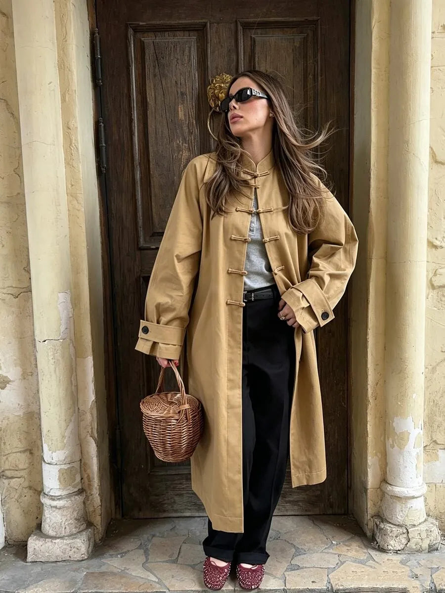 SHEIN معطف ميدي فضفاض بياقة قائمة وأزرار ضفدع وحزام بلون كاكي