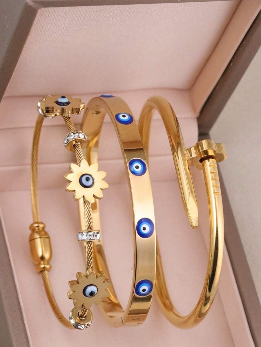 SHEIN  أساور سلسلة بعين زرقاء وحجر لامع  من الفولاذ المقاوم للصدأ