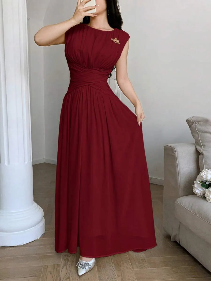 SHEIN Feyla فستان طويل بياقة دائرية وأكمام بات وينج وخصر مرتفع بلون عنابي