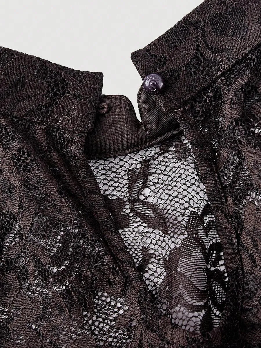 SHEIN MOD A فستان نسائي طويل من الدانتيل بقصة وخصر عالٍ وأكمام طويلة بلون بني شوكولاتة