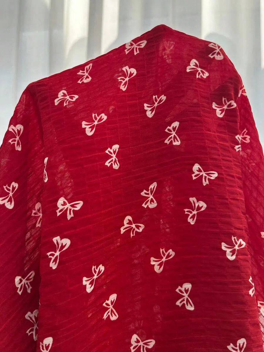 SHEIN CottageSlumber طقم بيجامة نسائي بلون أحمر بنقشة فيونكة وأكمام منتفخة