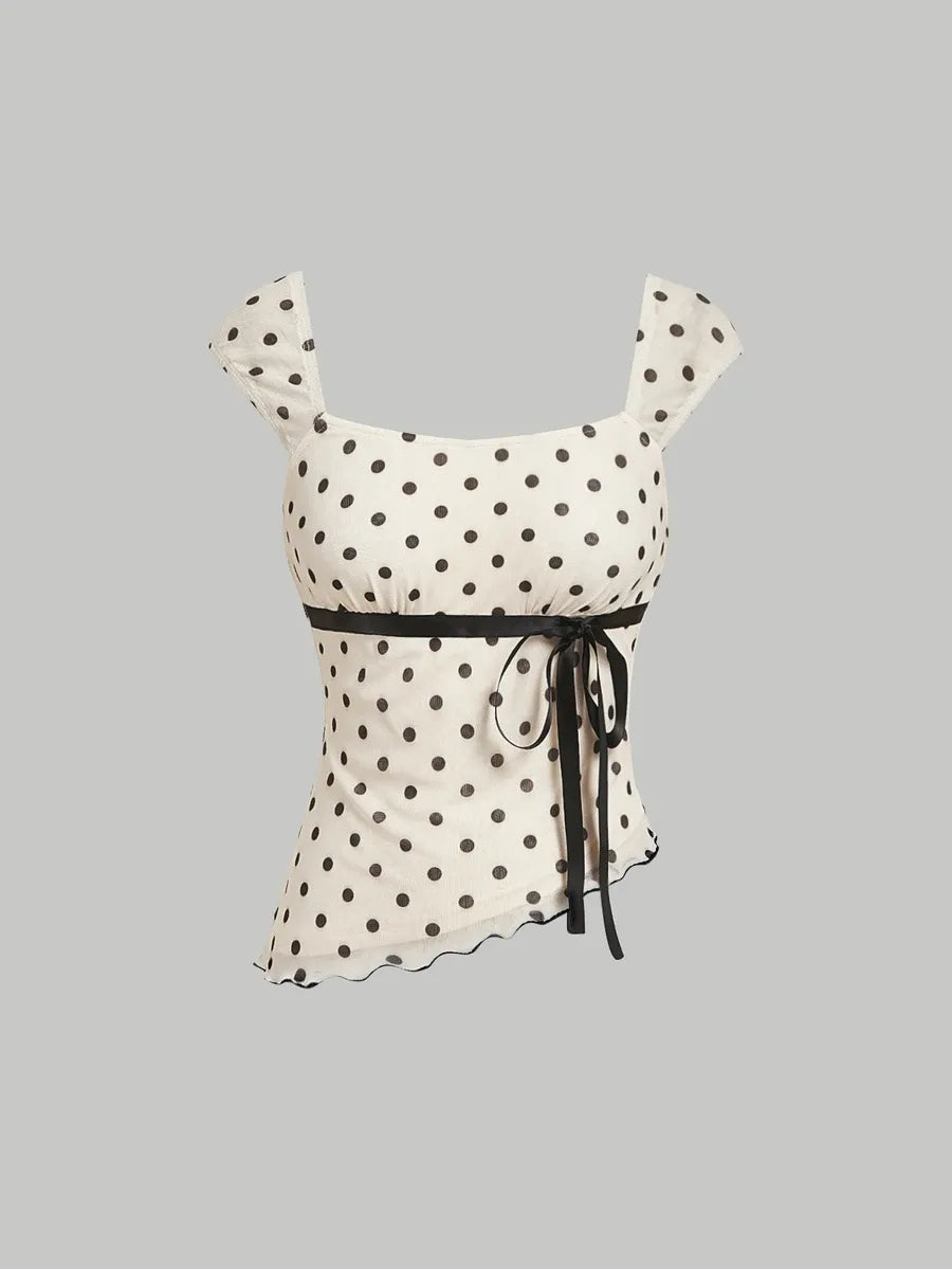 SHEIN X YERIMUA SHEIN MOD طقم قطعتين توب وتنورة حورية البحر بنقشة بولكا دوت وفيونكة متعدد الألوان