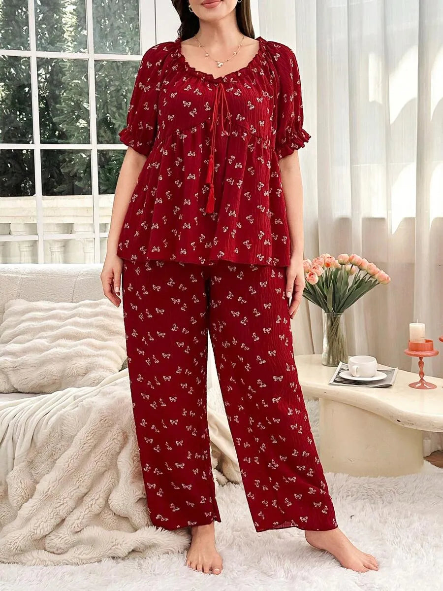 SHEIN CottageSlumber طقم بيجامة نسائي بلون أحمر بنقشة فيونكة وأكمام منتفخة