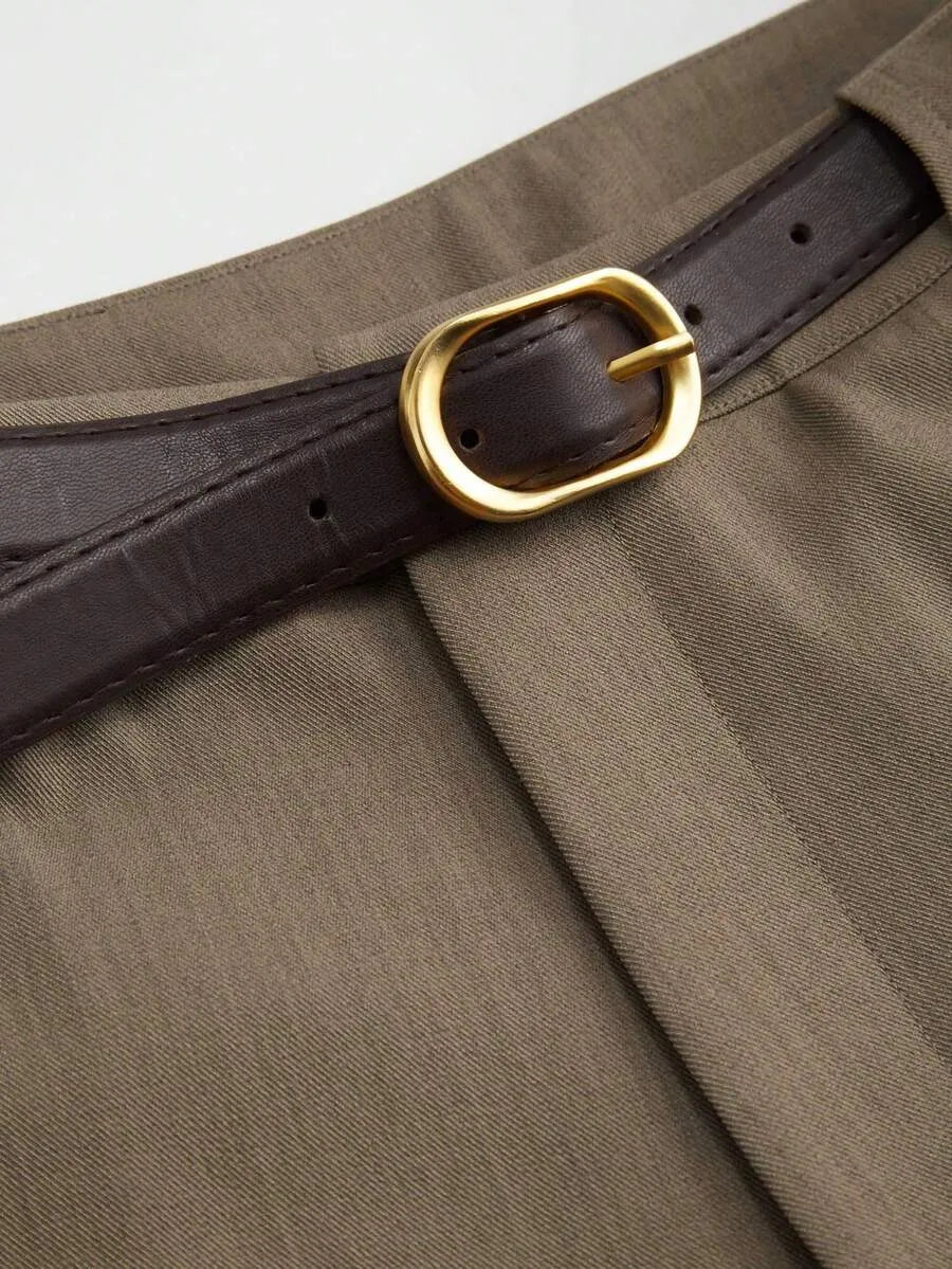 SHEIN بنطلون بلون كاكي طويل واسع الساق بخصر عالي
