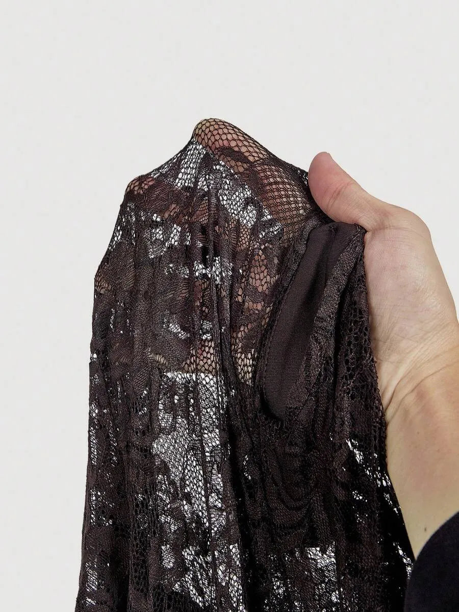 SHEIN MOD A فستان نسائي طويل من الدانتيل بقصة وخصر عالٍ وأكمام طويلة بلون بني شوكولاتة