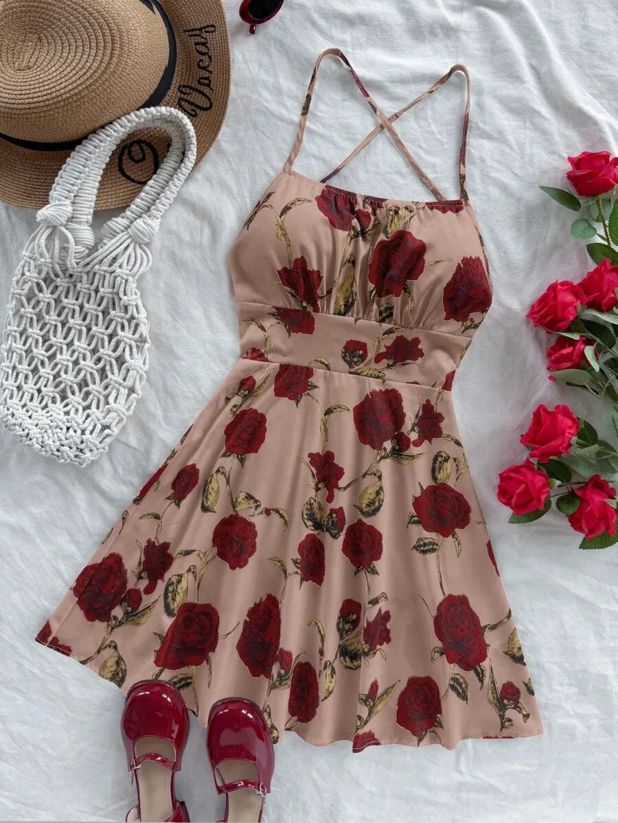 SHEIN Soleia فستان متعدد الألوان ميني واسع بحمالات رفيعة وطبعة زهور